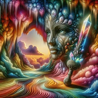 The primary subject of the image is a face, which is the main object, scene, or focus of the image. The face is surrounded by a vibrant and colorful environment, with a backdrop of a cave and a rainbow. The visual style of the image is digital art, as it appears to be a digital illustration or drawing. The colors and mood of the image are lively and cheerful, with the dominant colors being various shades of pink, blue, and yellow.